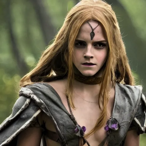 Image similar to movie still Emma Watson as Sylvanas Windrunner , pale violet skin