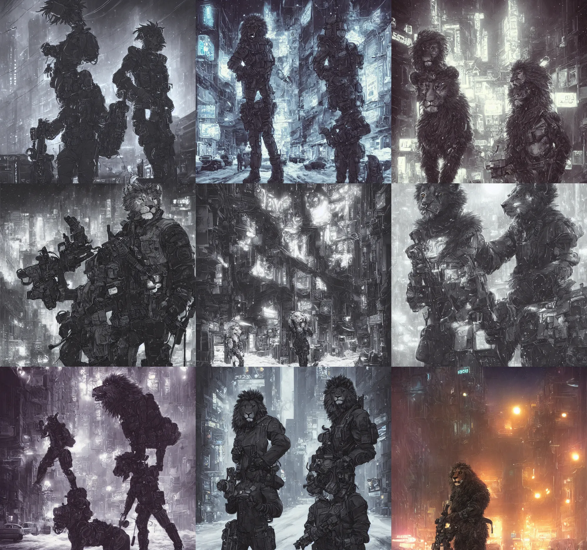 Image similar to beautiful furry art portrait commission of a male furry anthro lion fursona wearing a tactical swat uniform in the streets of a cyberpunk city at night in the snow. neon signs. character design by charlie bowater, ross tran, artgerm, and makoto shinkai, detailed, inked, western comic book art