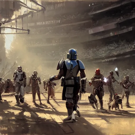 Image similar to the mandalorian, baseball game setting, by craig mullins, jeremy mann, jeremy mann.