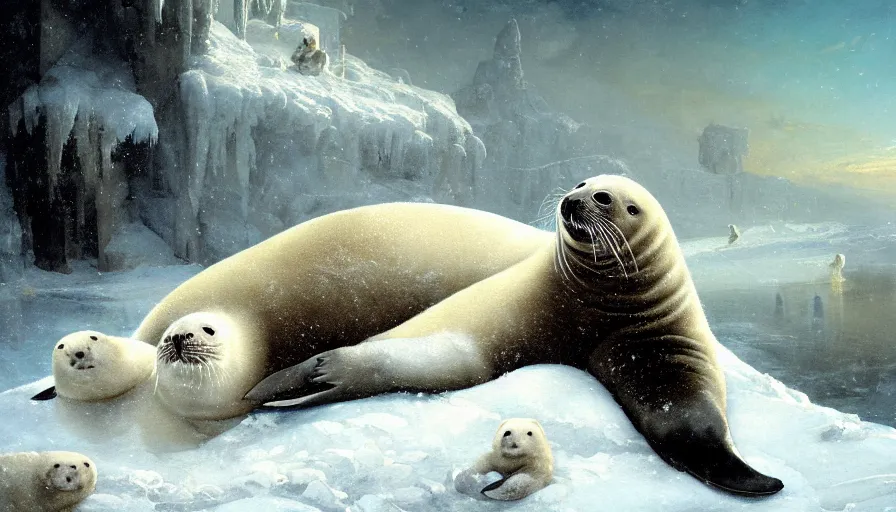 Prompt: highly detailed closeup painting of daddy seal looking after cute furry white baby seals inside a snowy fantasy ice crystal cavern by william turner, by greg rutkowski, by william constable, thick brush strokes and visible paint layers, 4 k resolution