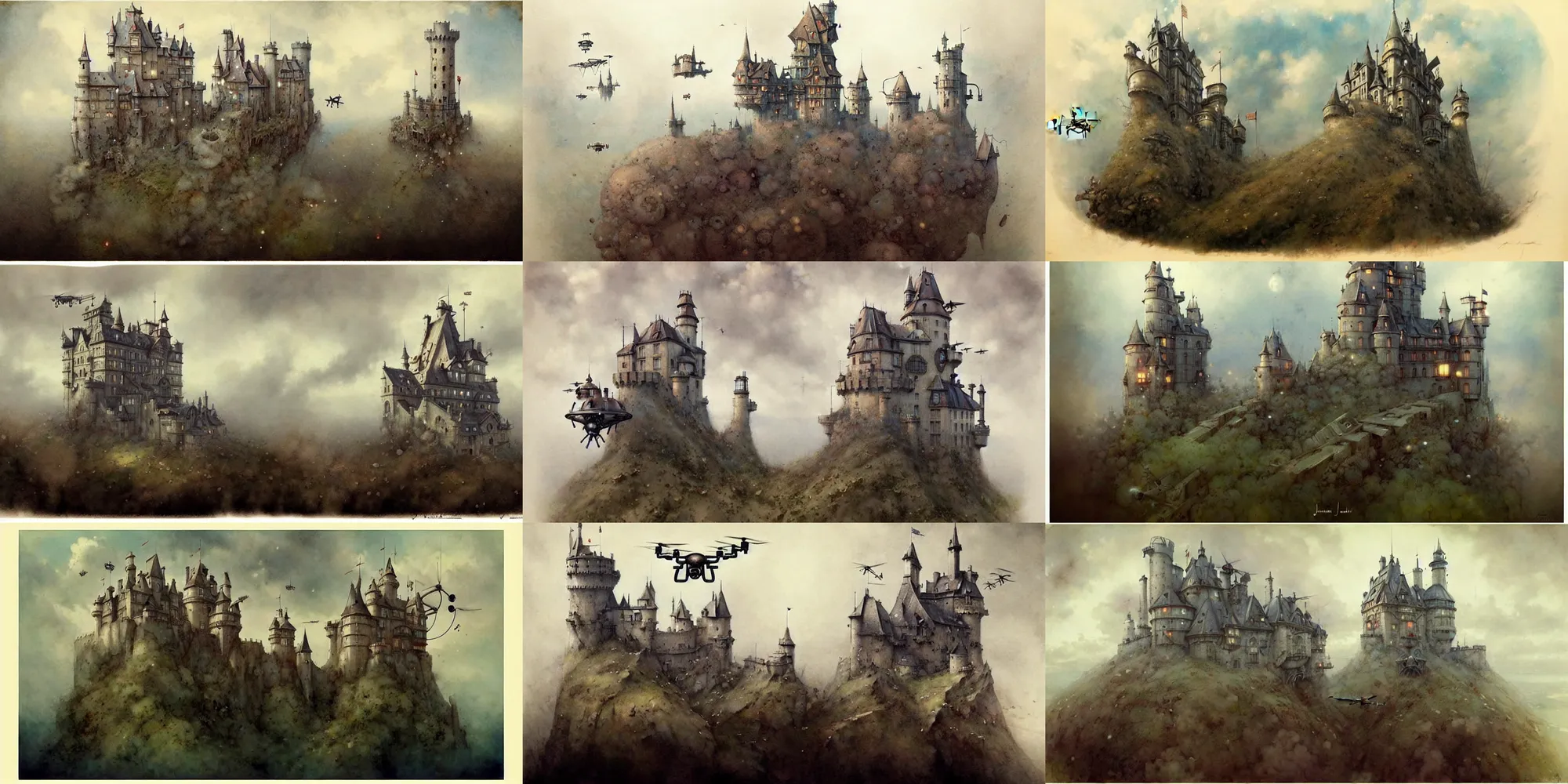 Prompt: ( ( ( ( ( 1 9 5 0 s steampunk castle in the sky, muted colors, drone shot ) ) ) ) ) by jean - baptiste monge!!!!!!!!!!!!!!!!!!!!!!!!!!!