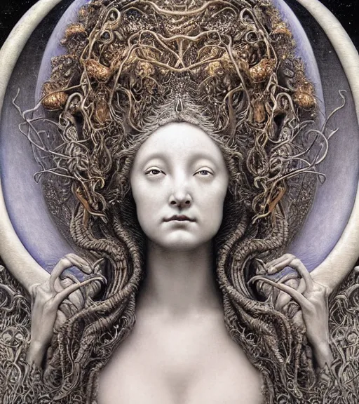 Image similar to detailed realistic porcelain beautiful moon goddess face portrait by jean delville, gustave dore, iris van herpen and marco mazzoni, art forms of nature by ernst haeckel, art nouveau, symbolist, visionary, gothic, neo - gothic, pre - raphaelite, fractal lace, intricate alien botanicals, ai biodiversity, surreality, hyperdetailed ultrasharp octane render