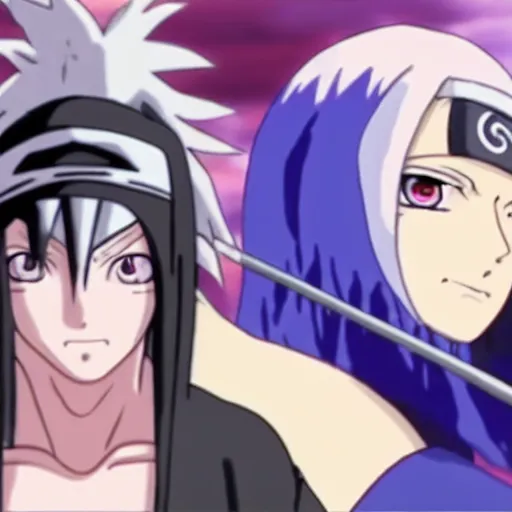 Prompt: anime still of sasuke as a woman fighting naruto as a woman