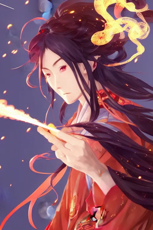 Image similar to beautiful attrative face female kimono gunslinger with fire sparkling and smoke around her, light flowing hair, anime key visual, absurdly beautiful, highly detailed, sharp focus, concept art, granblue fantasy, anime by serafleur / d pin / rongzhen luo / mingdosa / ruan jia / gemi ningen