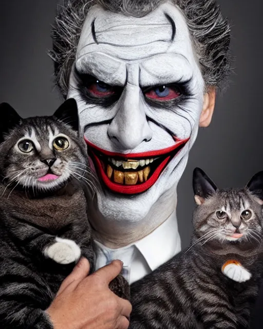 Prompt: Mauricio Macri in Elaborate Cat Makeup and prosthetics designed by Rick Baker, Hyperreal, Head Shots Photographed in the Style of Annie Leibovitz, Studio Lighting, Mauricio Macri as the Joker as a cat