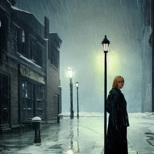 Image similar to Elle Fanning in Dark Souls in the world of Edward Hopper, stormy snowy weather, streetlights, extremely detailed masterpiece, oil on canvas, low-key neon lighting, artstation, Blade Runner 2049, Roger Deakin’s cinematography, by J. C. Leyendecker and Peter Paul Rubens,