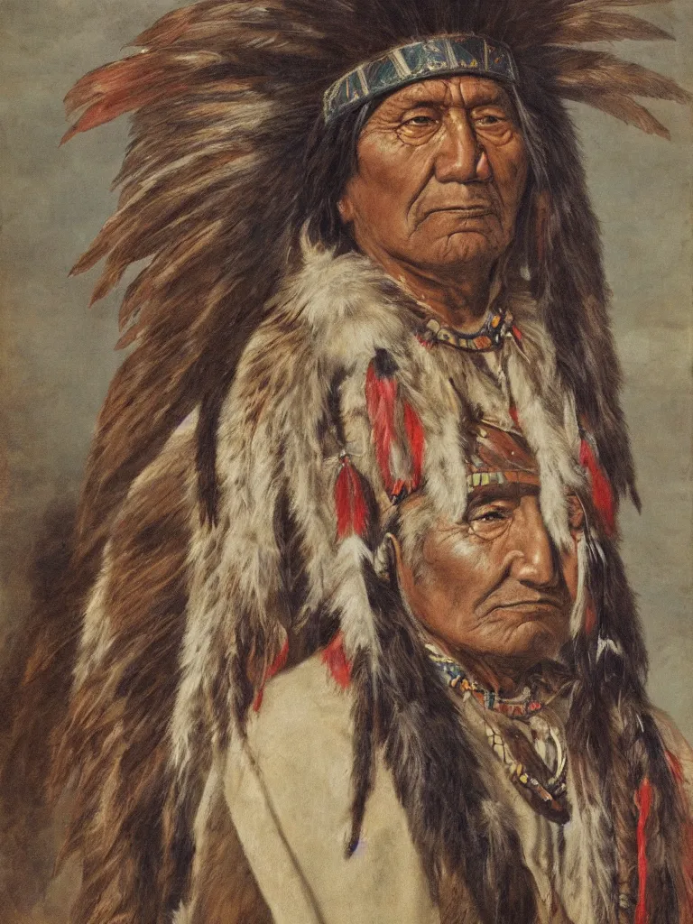 Prompt: Chief of the Native American tribe, portrait by David friedric