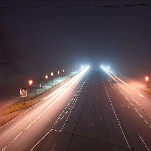 Image similar to A stunningly beautiful award-winning 8K high angle cinematic movie photograph of a foggy main intersection in an abandoned 1950s small town at night, by Edward Hopper and David Fincher and Darius Khonji, cinematic lighting, perfect composition, moody low key volumetric light. Color palette from Seven. Shot from above, 3 point perspective