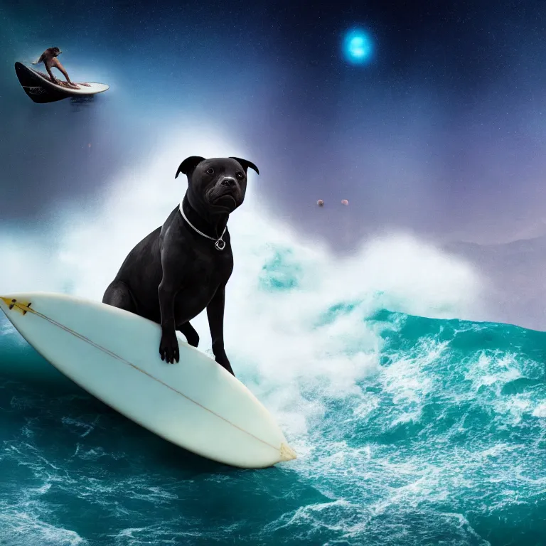 Image similar to photo of a dark charcoal coat pit bull with a white paws, surfing on a surfboard in a crashing wave of alien ocean in space, background is an alien galaxy, matte, aliens in the background, alien colors, octane render, unreal engine, wide view, 8 k, high detaild