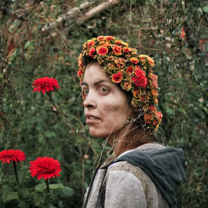 Prompt: a woman wearing a hooded cloak made of zinnias and barbed wire, in a derelict house, by Olivia Bee, natural light, detailed face, CANON Eos C300, ƒ1.8, 35mm, 8K, medium-format print