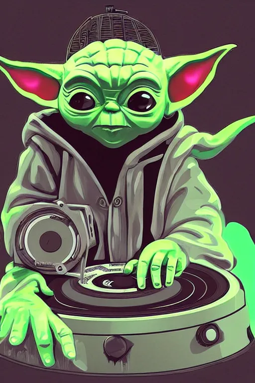 Prompt: baby yoda as a dj, turntable, hip hop, rapper, large speakers, graffiti illustration, highly detailed, artstation, grogu