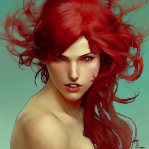 Prompt: a cool red - plate - haired girl. she is dressed as a superhero. clean elegant painting, beautiful detailed face. by artgerm and greg rutkowski and alphonse mucha