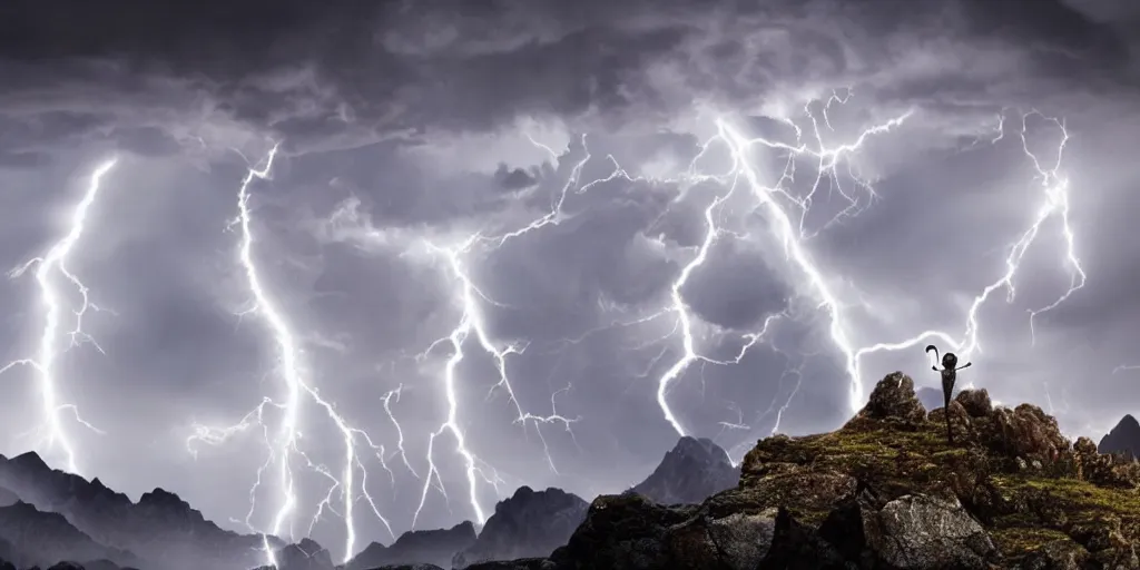 Image similar to god of thunder shooting lightning from his fingertips standing upon a rocky high mountain, surrounded by thunderclouds and lightning, dark, bright lighning, very detailed, 4 k