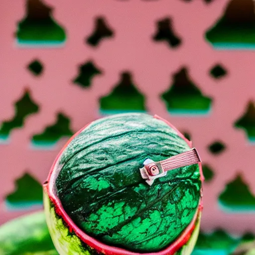 Image similar to macro photo of a miniature secret hidden world with tiny buildings and people inside of a hollowed out watermelon