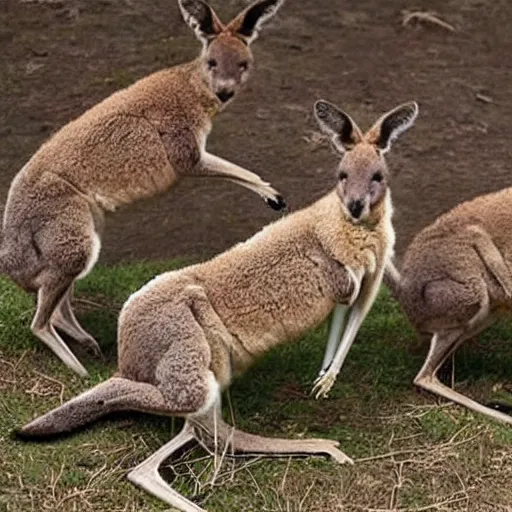 Image similar to photo of three kangaroos in their mother's pouch together. extreme detail, hyperrealistic photo