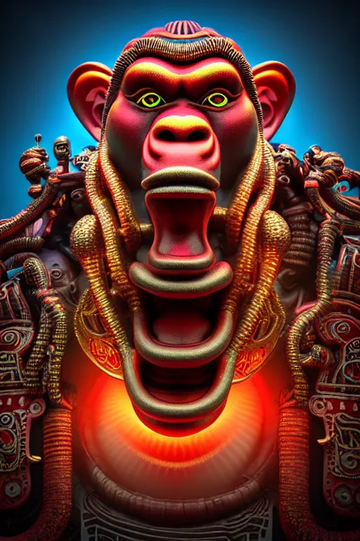 Image similar to high quality 3 d render post - rococo cyberpunk hanuman! head building, neon madhubani, open mouth, highly detailed, in sci - fi new delhi, cinematic smooth unreal engine, lee madgwick & liam wong, dramatic light, low angle, uhd 8 k, sharp focus