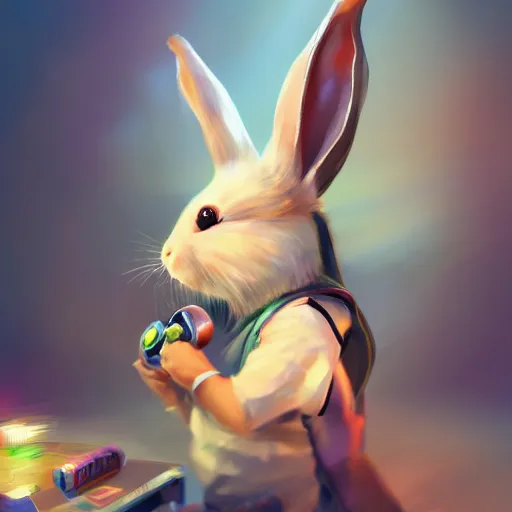 Prompt: A rabbit playing video games, uplifting , wearing a headset, fantasy, digital painting, trending on ArtStation, HDR shot