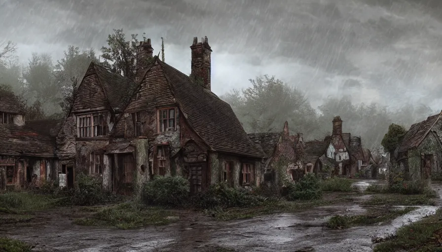 Prompt: Abandoned English village at rainy day, muddy road, old cemetery, sad feeling, grey sky, rusted damaged houses, hyperdetailed, artstation, cgsociety, 8k