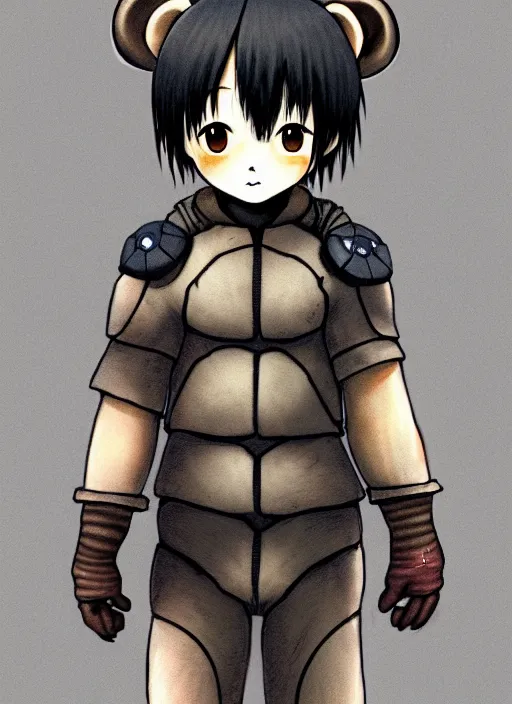 Image similar to beautiful little boy wearing an cyborg bear suit, artwork in kentaro miura and made in abyss and rosdraws, smooth, beautiful lightness, anatomically correct, trending on pixiv, forest