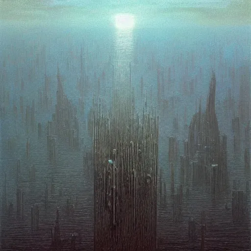 Image similar to “New York under water by Zdzislaw Beksiński”