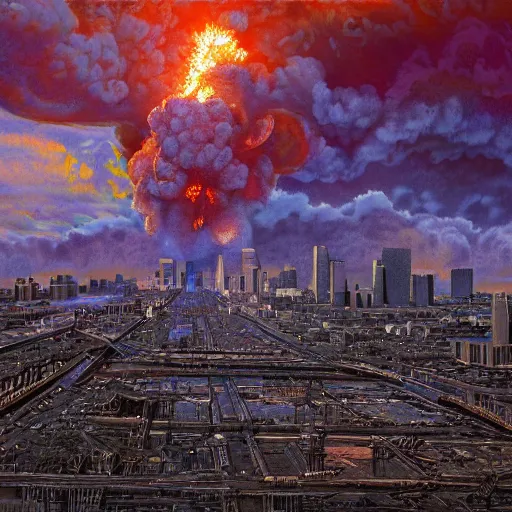 Prompt: nuclear explosions in the center of dallas, extreme realism, huge explosion, massive destruction, extremely detailed digital painting, highly detailed, 1 9 2 0's colored pencil art style, deep aesthetic, 8 k, highly ornate intricate details, cinematic lighting, rich colors, digital artwork, ray tracing, hyperrealistic, photorealistic, cinematic landscape, trending on artstation,