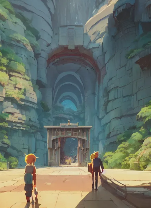 Image similar to warm canyon with giant gate entrance, nuclear powered, detailed, futuristic, cory loftis, james gilleard, atey ghailan, makoto shinkai, goro fujita, studio ghibli, rim light, exquisite lighting, clear focus, very coherent, plain background