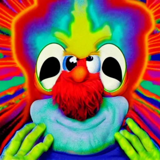 Prompt: portrait of a psychadelic elmo cracked out of his mind