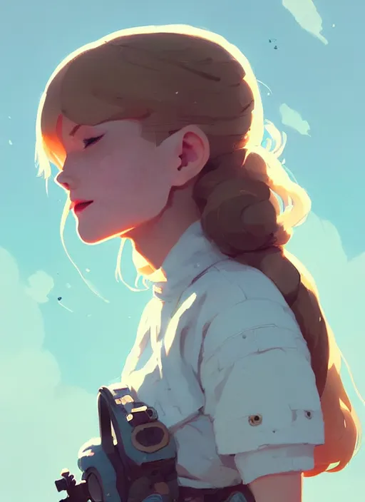 Prompt: portrait of cute maiden girl cowered, cloud sky background, by atey ghailan, by greg rutkowski, by greg tocchini, by james gilleard, by joe gb fenton, by kaethe butcher, dynamic lighting, gradient light blue, brown, blonde cream and white color in scheme, grunge aesthetic