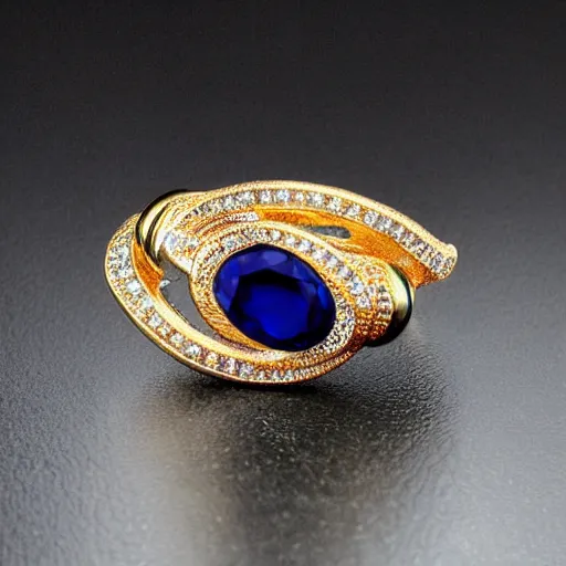 Image similar to a magnificent luxurious design of a female finger ring with a huge sapphire on which intricate patterns with interspersed small diamonds bend with a thin gold thread. hyper - realistic photo. full screen. very clear details.