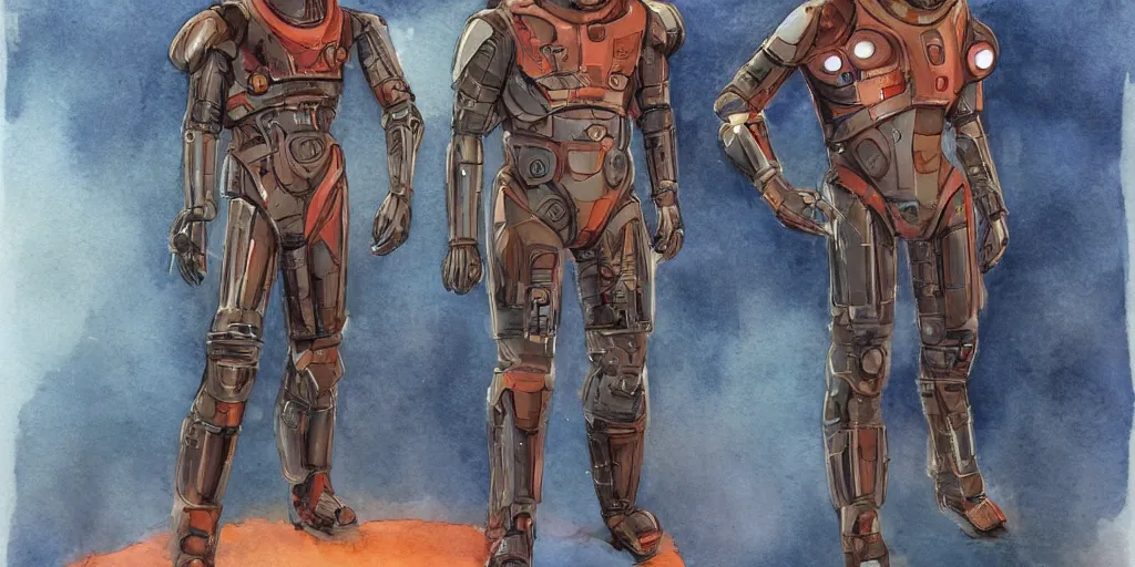 Image similar to male, full body, wide shot, modern space suit, intriguing helmet, stylized character design, the expanse tv series, large shoulders, short torso, long thin legs, tiny feet, science fiction, hyperdetailed, technical suit, dieselpunk, watercolor digital painting, in the style of bruce timm, by alex maleev