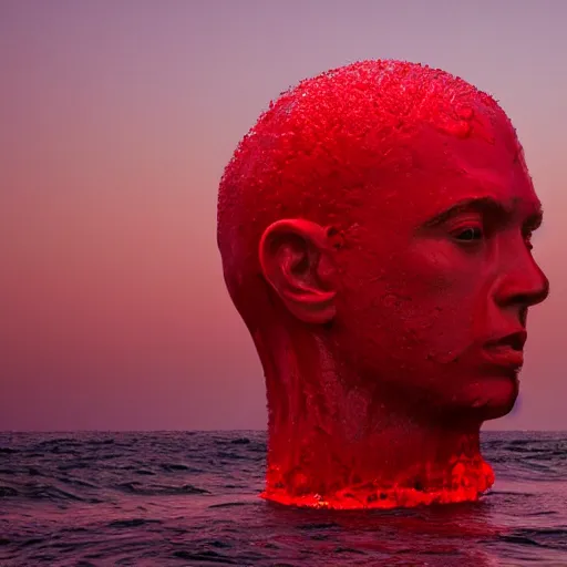 Image similar to a giant human head sculpture in the sea made out of red jelly, in the style of chad knight, long shot, hyper detailed, hyper realistic, ray tracing, 8 k resolution, sharp focus, realistic water, award winning
