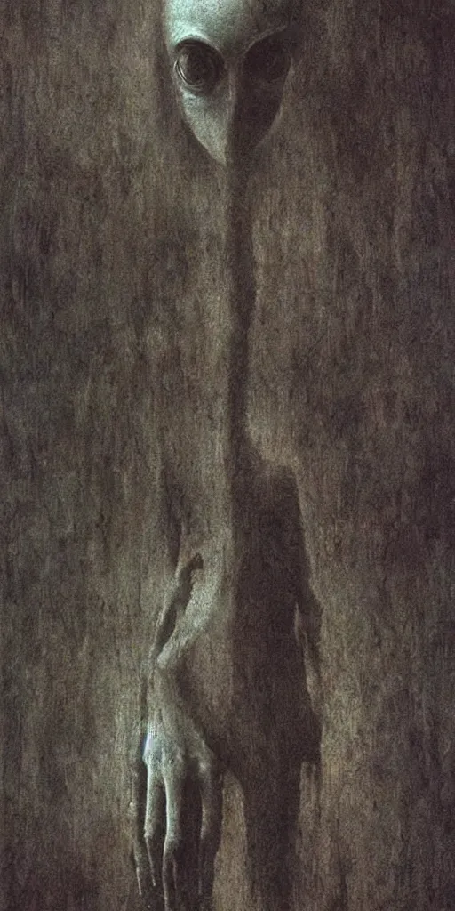 Image similar to “demonic alien with long fingers at the foot of the bed in a dark room, Beksinski”