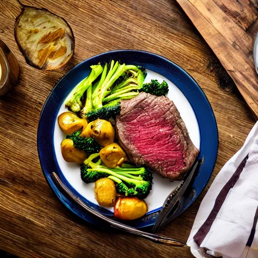 Prompt: advertising photography of a delicious large cooked and seasoned medium well steak, topped with melted mozzarella cheese, and a side of seasoned vegetable and potato and broccoli medley, all served on a wooden table, spot lighting, restaurant promotional poster