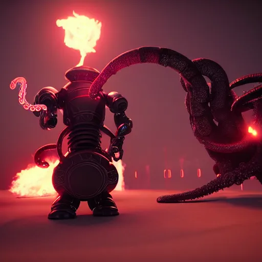 Image similar to an epic cinematic battle, a wizard, an evil tentacle ai robot, octane render