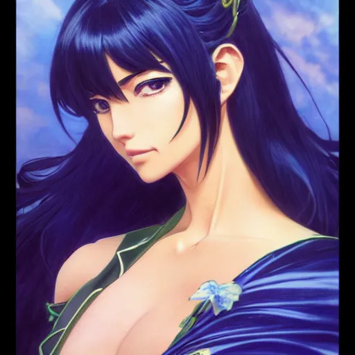 Image similar to highly detailed vfx portrait of nico robin by eiichiro oda!, makoto shinkai, alphonse mucha, sharp focus, art by artgerm and greg rutkowski!, backlit, harsh overhead sunlight, blue eyes!!, large aquiline nose!!, stanley kybric, kaoru mori, detailed, best of behance,