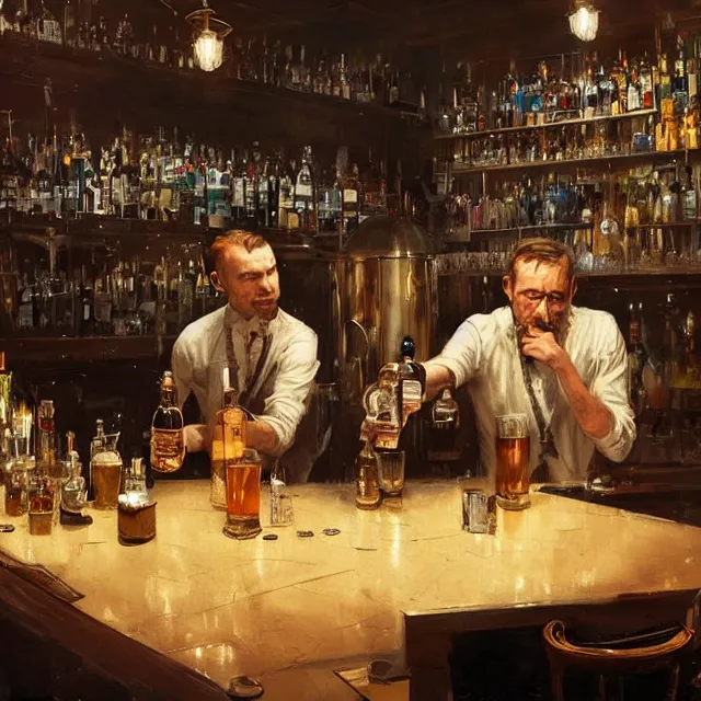 Image similar to two men sitting at a bar drinking whiskey being served by a robot bartender, near future, sci - fi concept art, by greg rutkowski and norman rockwell, highly detailed, intricate details, soft lighting, studio lighting