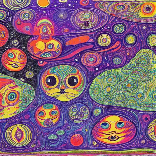 Prompt: psychedelic trippy couch pine forest planets milky way sofa cartoon by louis wain