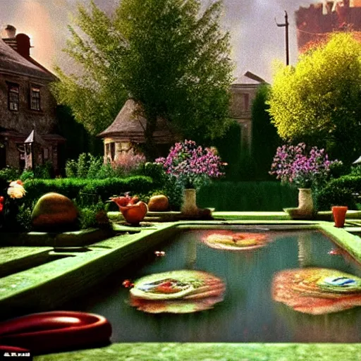 Image similar to hyperrealism photography computer simulation visualisation of parallel unreal universe detailed old bath in the detailed ukrainian village garden in dramatic scene from movie the big lebowski ( 1 9 9 8 )