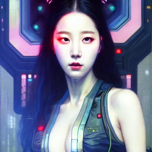 Prompt: portrait painting of sunmi as a cyberpunk technician, k - pop, ultra realistic, concept art, intricate details, eerie, highly detailed, photorealistic, octane render, 8 k, unreal engine. art by artgerm and greg rutkowski and magali villeneuve and alphonse mucha