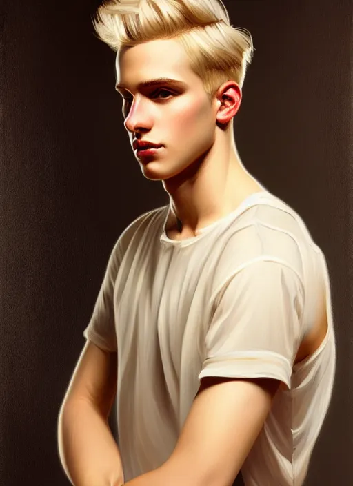 Image similar to young man with ash blond hair, oil painting, intricate, elegant, highly detailed, lighting, painting, artstation, smooth, illustration, art by greg rutowski and alphonse mucha