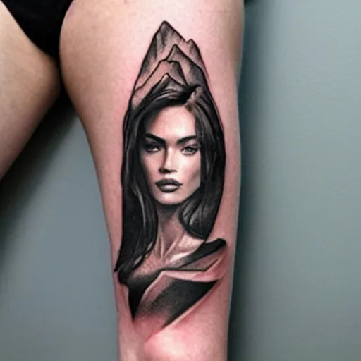 Image similar to double - exposure tattoo sketch of megan fox blended in beautiful mountains shape, in the style of dan mountford