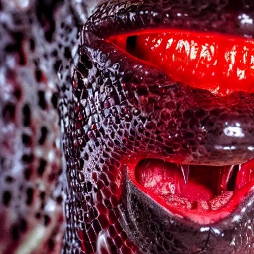 Prompt: slimy monster with long slimy textured tongue, dripping saliva, macro photo, fangs, red glowing veins, skin with snake scales, cinematic, tiny glowbugs flying everywhere, standing a swamp, flying wasps, insanely detailed, dramatic lighting