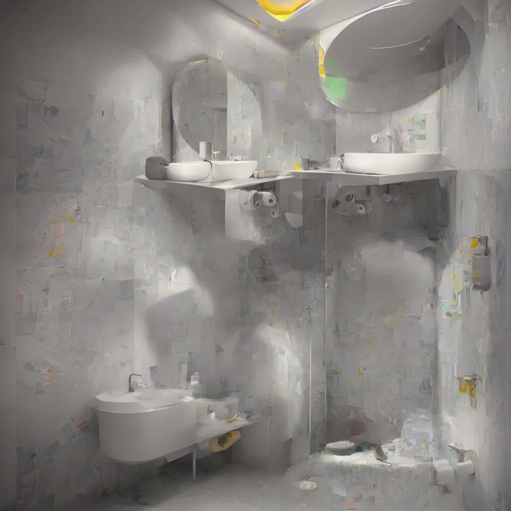 Image similar to colourful 3 d octane render ultra photorealistic hyper detailed isometric bathroom