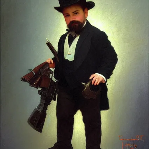 Prompt: detailed portrait painting of a male dwarf gunslinger gentleman in a tuxedo by William-Adolphe Bouguereau, Thomas Kinkade and Ted Nasmith, deviantart, RPG portrait, fantasy portrait