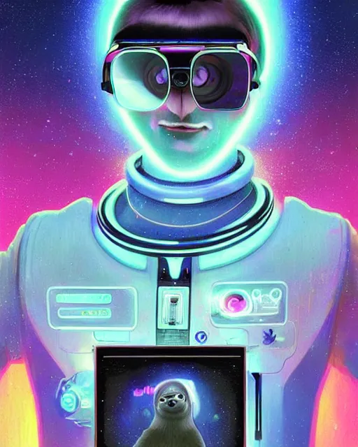 Image similar to silly sloth as future coder man looking on, sleek cyclops display over eyes and sleek bright headphoneset, neon accent lights, holographic colors, desaturated headshot portrait digital painting by dean cornwall, rhads, john berkey, tom whalen, alex grey, alphonse mucha, donoto giancola, astronaut cyberpunk electric