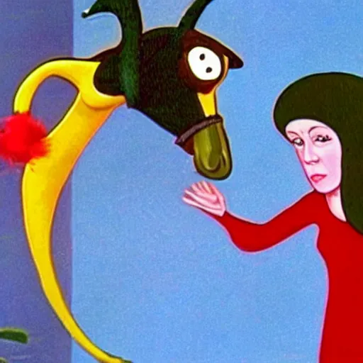 Image similar to still from a children's television show about woman wearing a long nose 1974 technicolor