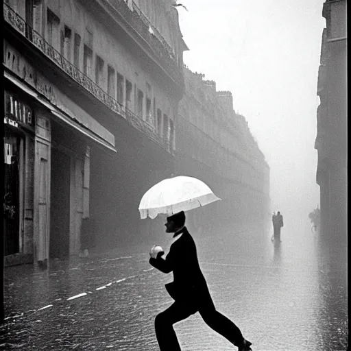 Image similar to the man leaping with an umbrella in a raining paris street, by henri cartier bresson,