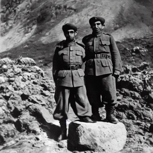 Prompt: 2 Armenian soldiers standing near a rock, 1936