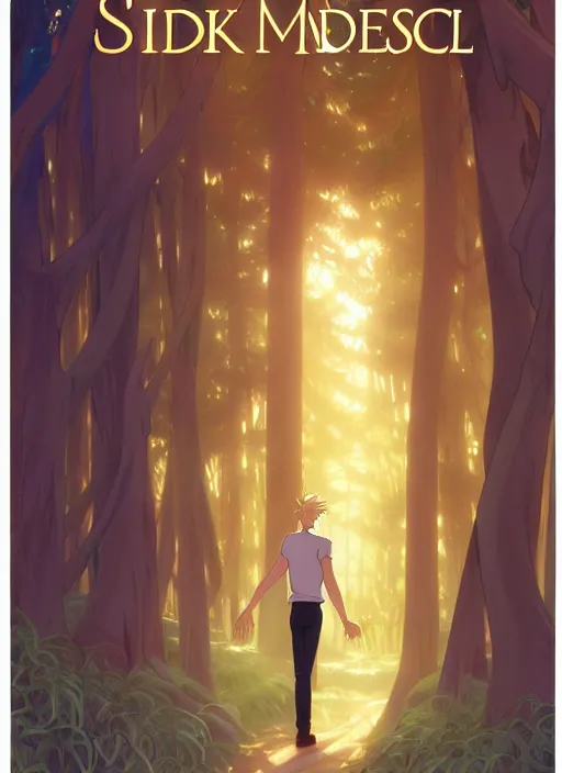 Image similar to book cover design, slender young man with shoulder length golden blond hair, shiny and sparkling, from behind, back shot, high angle, lost in a magical forest, natural lighting, path traced, highly detailed, high quality, cartoon, digital painting, by don bluth and ross tran and studio ghibli and alphonse mucha