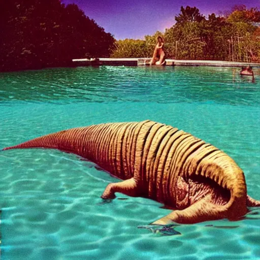 Image similar to nirvana nevermind album cover with a spinosaurus